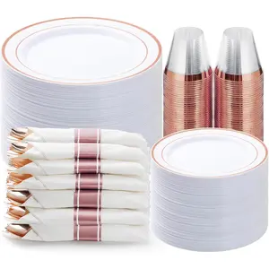 350PCS Rose Gold Plastic Plates & Silverware Set for 50 Guests – Includes 100 Plates, 50 Napkins with Rose Gold Cutlery & 50 Cups for Weddings, Anniversaries & Special Events Birthday Party Tray Mother's day Baby Showers Disposable