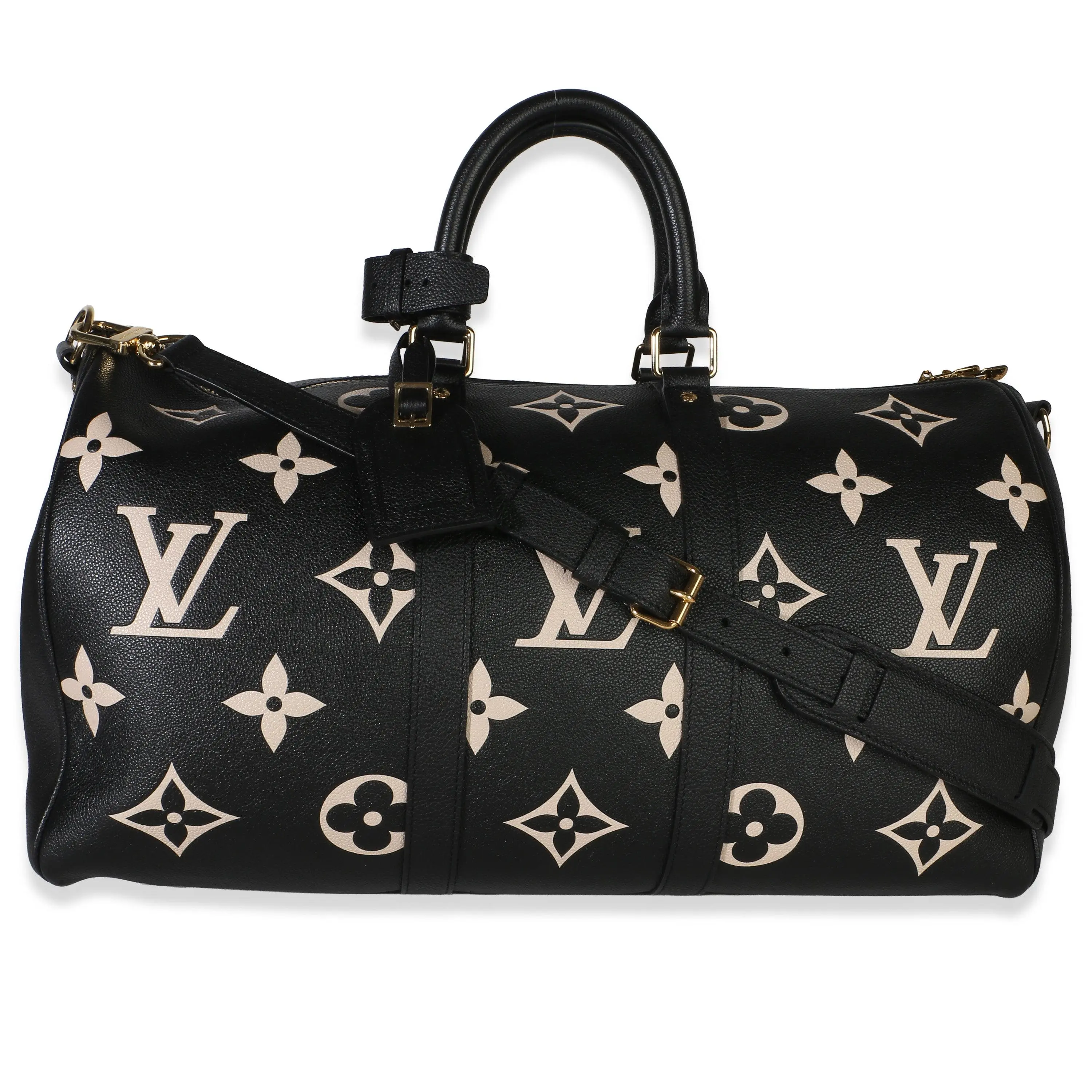 Pre-owned Louis Vuitton Leather Duffle Bag NY157478 Black Cream Giant Monogram Empreinte Keepall Bandouliere 45