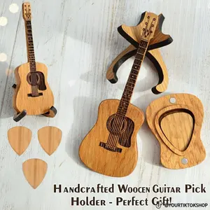Wooden Guitar Pick Box with Stand - 3PCS Unique Guitar Picks, Mini Storage Box for Guitarists, Portable Handcrafted Guitar Picks Storage Container for Weddings, Birthdays, Anniversaries Gift