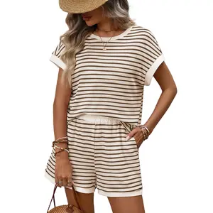 2 Piece Lounge Set Women Stripe Knit Short Sleeve Tee Shirts Shorts Casual Summer Loungewear Shorts Sets