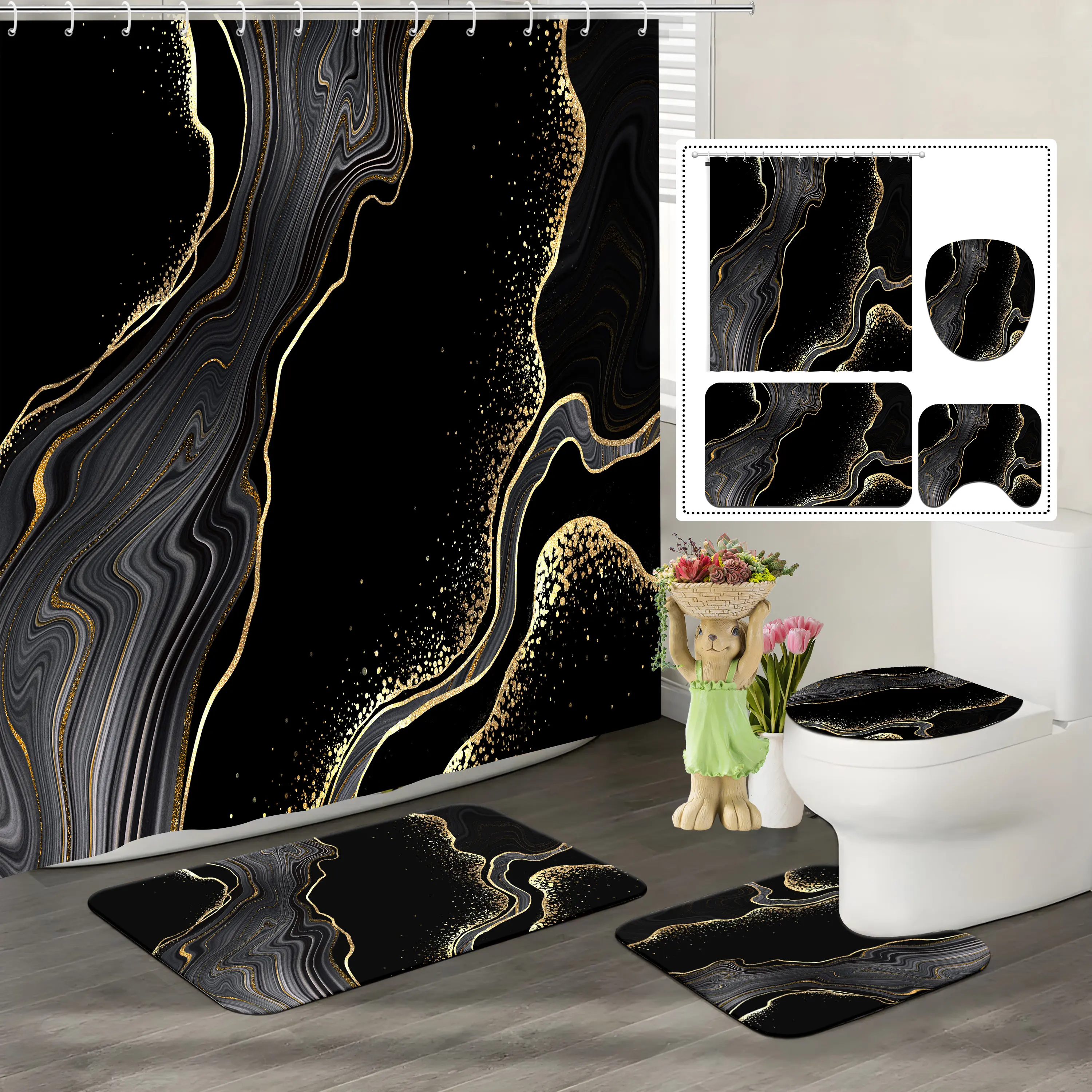 Black Marble Polyester Shower Curtain Set (4-Piece) with Gold Accents, Rugs, Toilet Cover, Geometric Modern Simple Home Decor Items, Bath Decor Accessories for Bathroom