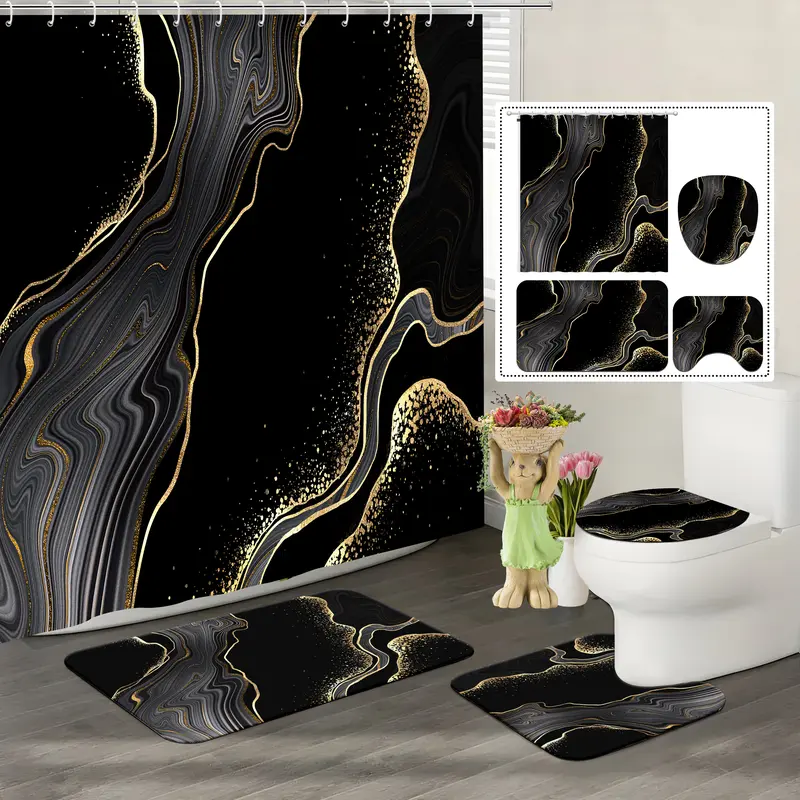 72"x72" Polyester Fibre Black Marble Shower Curtain 4-Piece Set - Glam, Water-Resistant, Gold Accents, Rugs, Toilet Lid Cover, Abstract Geometric Graphic Art, Bold Bathroom Decor Set, Decoration