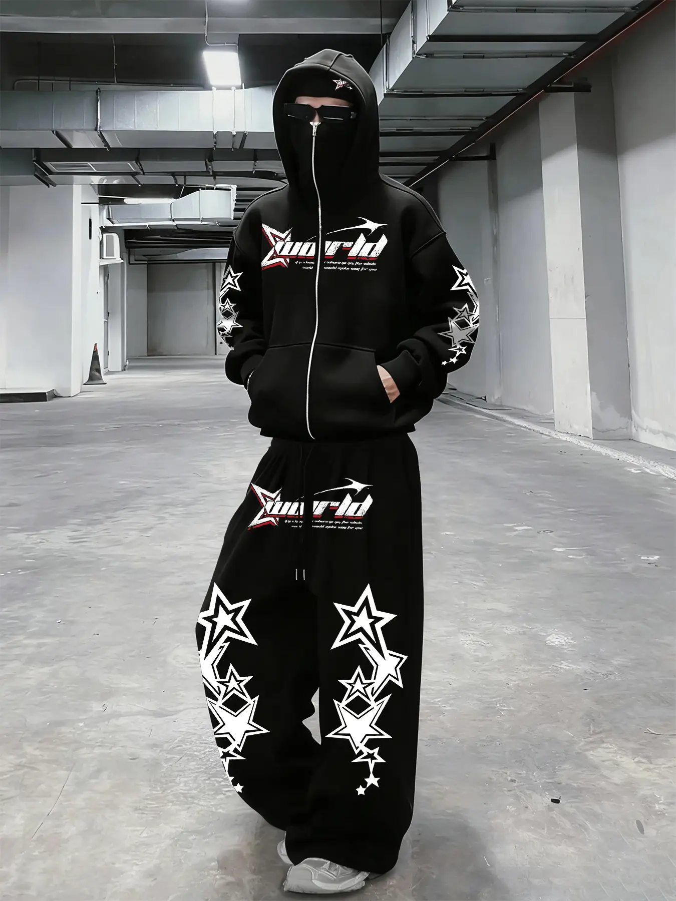 Men's Fall Winter Street Style Star Print Set, Face-Zip Hooded Jacket, Loose Fit Top with Wide Leg Pants, Casual Outfit