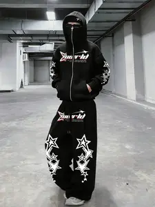 Men's Fall Winter Street Style Star Print Set, Face-Zip Hooded Jacket, Loose Fit Top with Wide Leg Pants, Casual