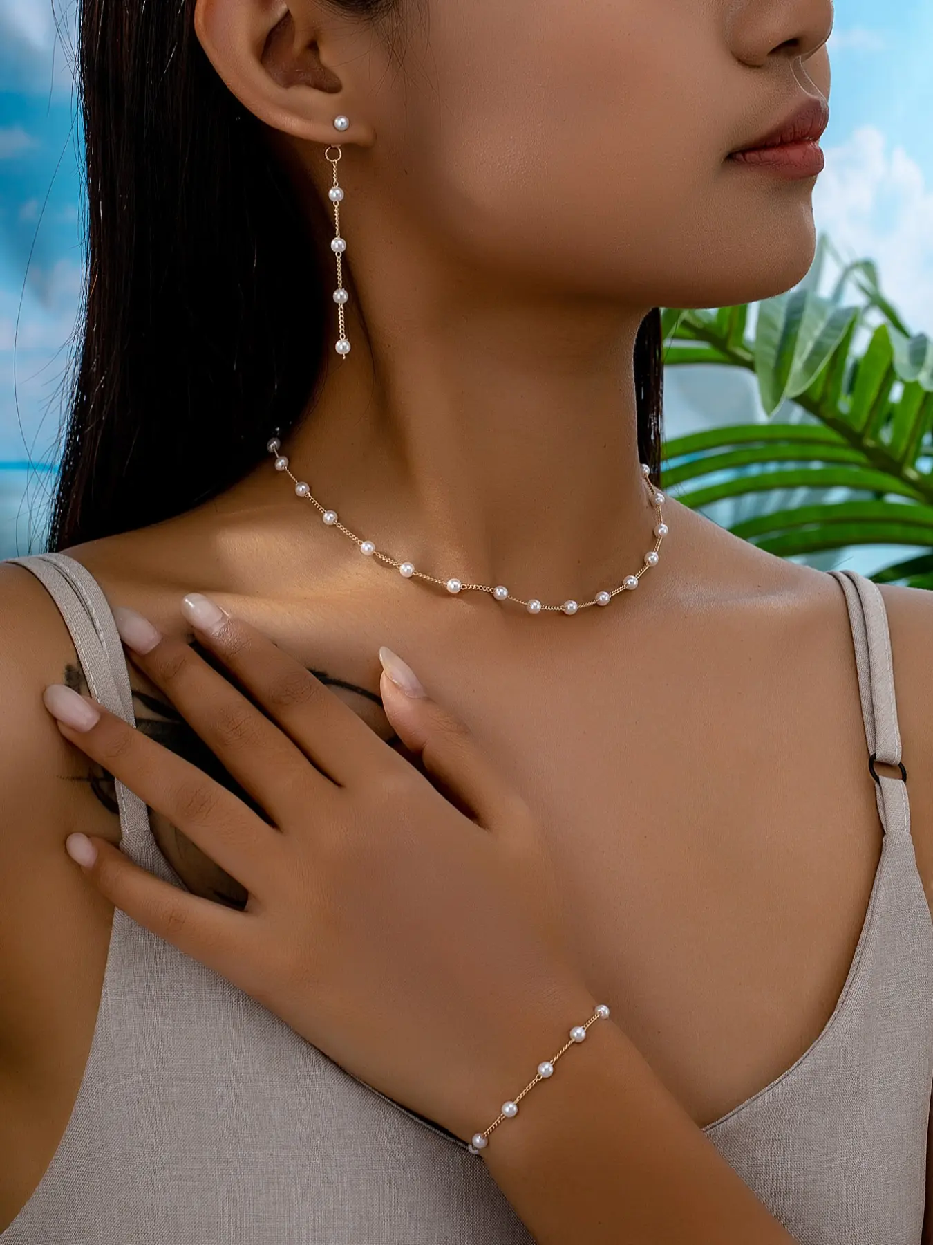 Women's Elegant Faux Pearls Decor Jewelry Set, Necklaces Set, Luxury Niche Choker Necklace & Dangle Earrings & Bracelet, Exquisite Trendy Jewelry Set As Gift, Fashionable Jewelry Set for Party, Daily Decoration, Glamour Set, Necklace And Bracelet Set