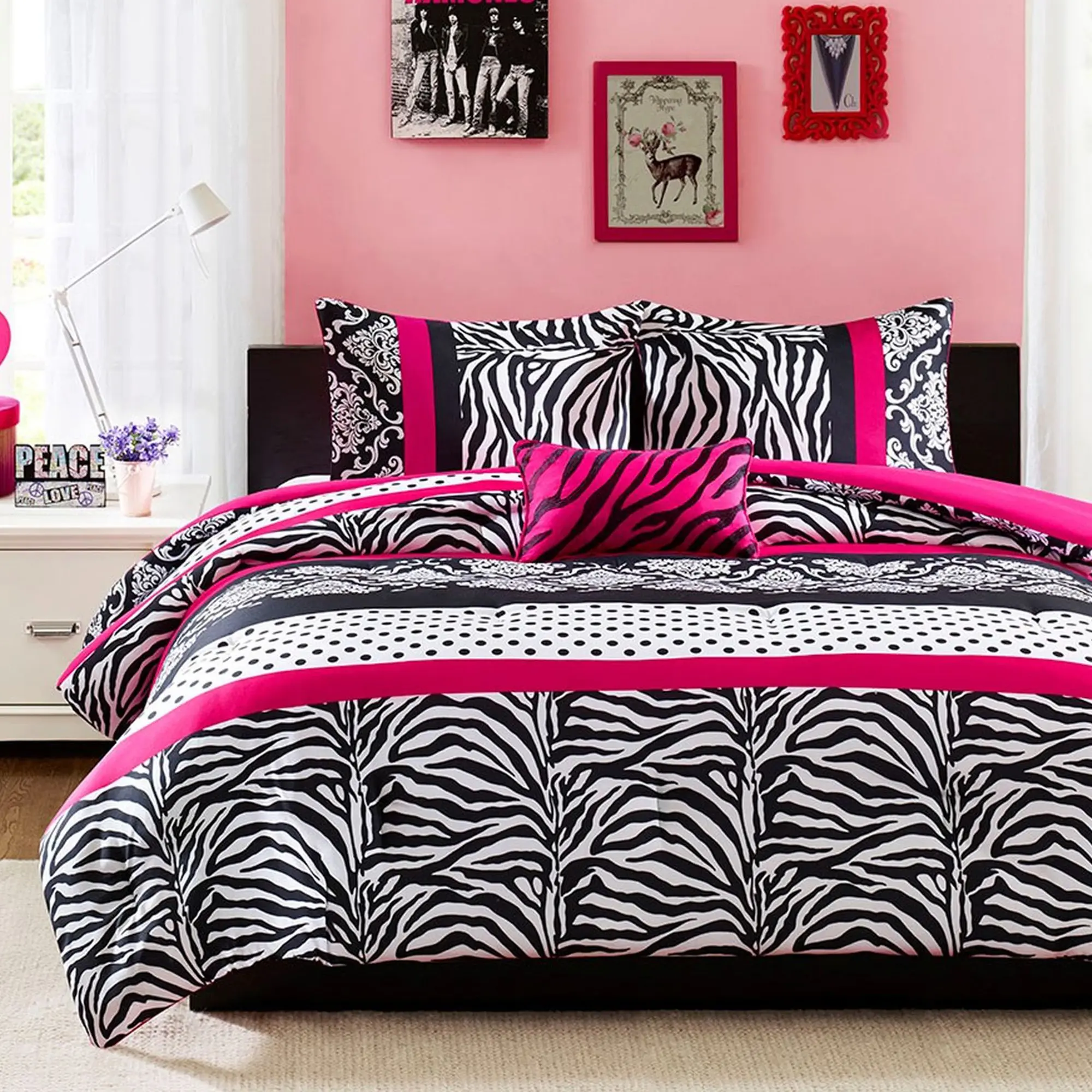 4 Piece Comforter Set Fun Bedroom Decor - Modern All Season Polka Dot Print, Vibrant Color Cozy Bedding Layer, Matching Sham, Decorative Pillow, Zebra Pink, Reagan