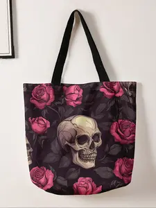 Skull Print Casual Tote Bag, Casual Trendy Bag, Fashionable Shopping & Storage Bag, Perfect for Travel Essentials & Business Trips, All-Season Use, Halloween