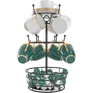 Coffee Mug Holder Tree Stand - Rotatable Metal Coffee Mug Rack Holder, 3 Tiers Handle Coffee Cup Holder for 10 Mug Hooks with Cup Pods & Saucer Basket Storage for Bar Kitchen Counter Black Gift Organiser