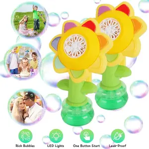 2Pcs Bubble Machines With Lights For  Rechargeable Dancing Sunflower Bubble Maker For 4-8Years Old Toddlers Outdoor Summer Play Toy Party Birthday Gift GPCT5474