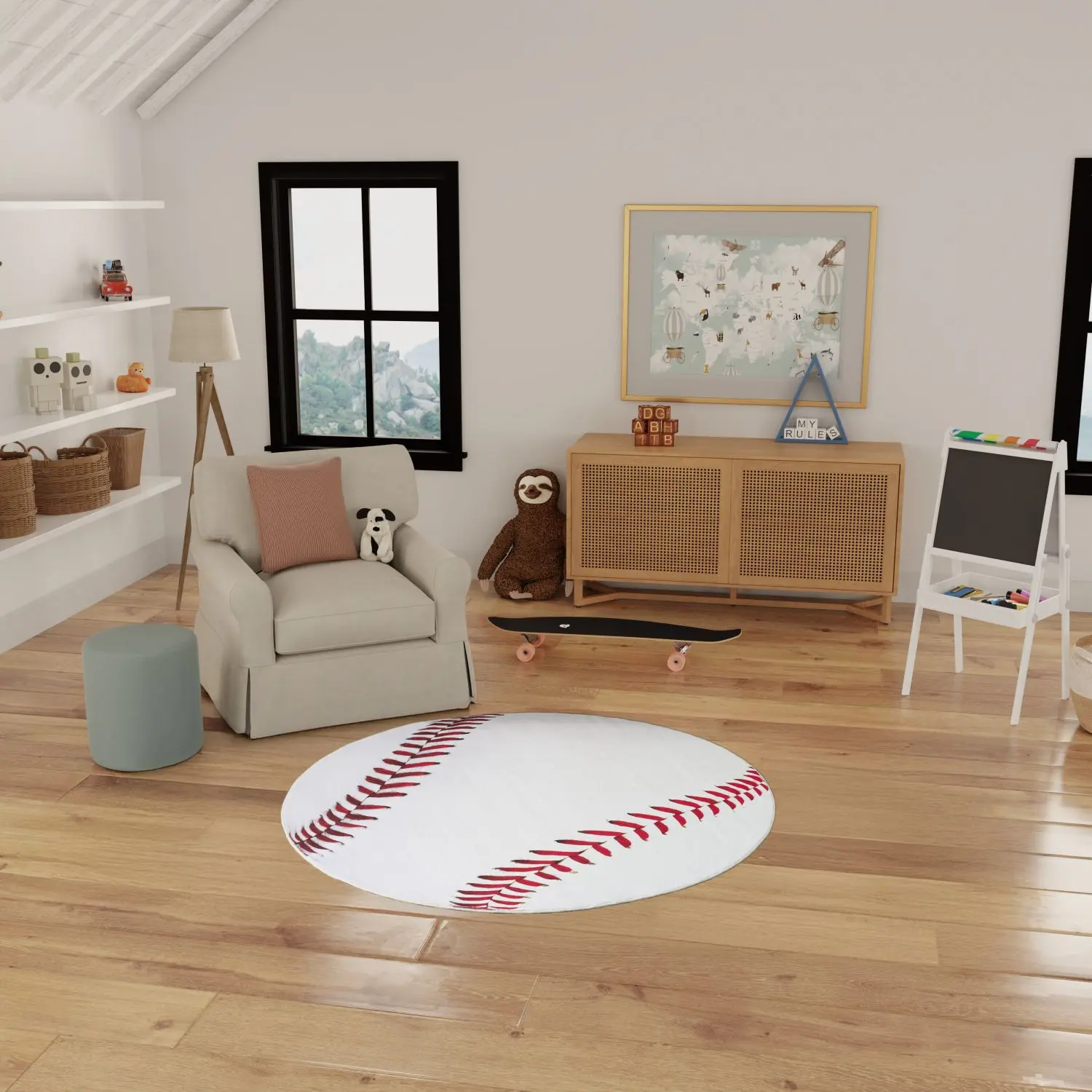 Nourison Imagination Round Area Rug - 5' Diameter, White, Baseball Stitch Printed Textile, Sporty Look, Machine Washable, Non-Slip, for Kids' Indoor Use, Round Shape