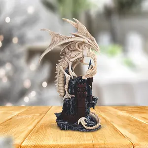 12.5"H Beige Dragon Skeleton on Castle Statue Fantasy Decoration Figurine