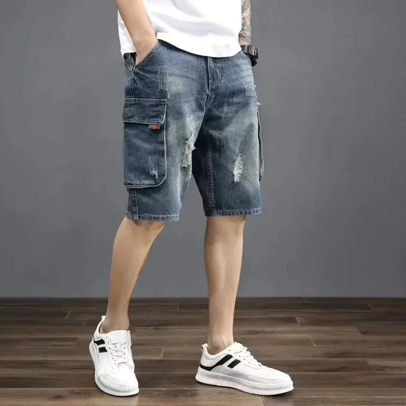 Men's Denim Shorts, Loose-Fit Cargo Style with Multiple Pockets, Casual 5-Point Length Summer Wear to Carry More Daily, Menswear, Fashion, Top, Stylish, Five-Point Hem Adds Modern Edge