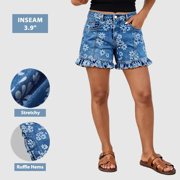 Flamingals Floral Print Stitch Front Ruffle Hem Mid Rise Denim Shorts Stretchy 3.9" Inseam