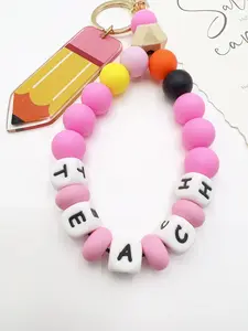 Teacher Beaded Keychain with Acrylic Pencil Charm, Silicone Bead Wristlet for Women, Educator Gift, Back to School Present