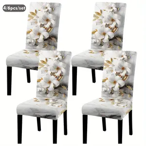 Set of 4/6 Classic Marble Pattern Golden Milk Fiber Fabric Floral Chair Covers, Removable And Washable, Soft And Stretchy Seat Protectors, Suitable for Dining Rooms, Kitchens, Banquet Halls, Restaurants, Bedrooms, Offices, Living Rooms, Dormitories
