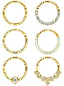 6pcs 16g 18g Septum Rings, Surgical Steel Nose Rings Hoop for Women, Opal Cz Daith Cartilage Hoop Earring, Hinged Hoop Nose Ring