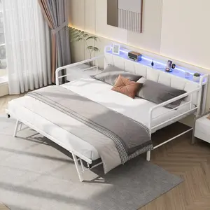 Twin Daybed with Trundle, Charging Station, LED Light, Linen Upholstered Storage Headboard, Heavy Duty Metal Frame, Pop Up Trundle, Multi Room Use, White