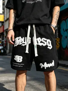 New Summer Men's Suede Shorts, American Casual Versatile Letter Print, Trendy Fitted Short Pants, Graphic Casual Shorts, Perfect for Daily Wear Clothes, Menswear, Casual Streetwear Shorts