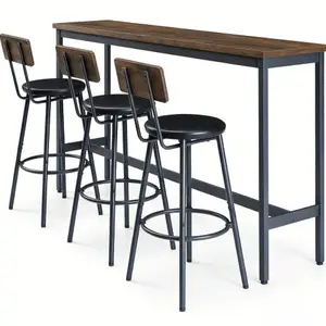 Bellemave 4-Piece Industrial MDF+Metal 3-Seat Bar Table and Chairs Set, Compact Easy-Install Rustic Brown Indoor Furniture with 3 PU Upholstered Bar Stools for Small Space Corners