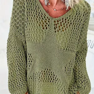 Women's Plain Hollow Out Sheer Drop Shoulder Crochet  Sweater, Casual Long Sleeve Crew Neck Jumper for Summer, Fashion Women's Knitwear for Daily Wear