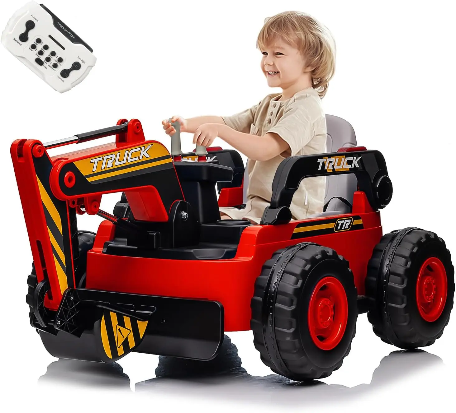 GAOMON 12V 4WD Red Electric Ride On Excavator Toy for Boys and Girls - Remote Control Construction Digger, Ride On Backhoe, Bluetooth Music Player, USB Player, Cup Holder, Safety Features for Toddlers