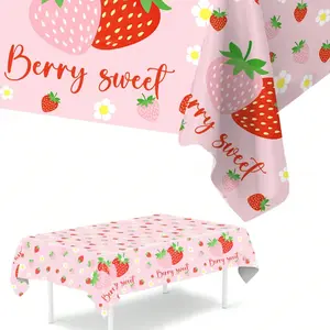1pc Strawberry Baby Shower Party Tablecloth,Berry Sweet Theme Birthday Party Table Decor,Disposable PE Table Cover,Baby Shower Party Supplies, Birthday Party Decor,Baby Party Room Table Decoration,Home Decor,Strawberry Party Decor,Water Proof