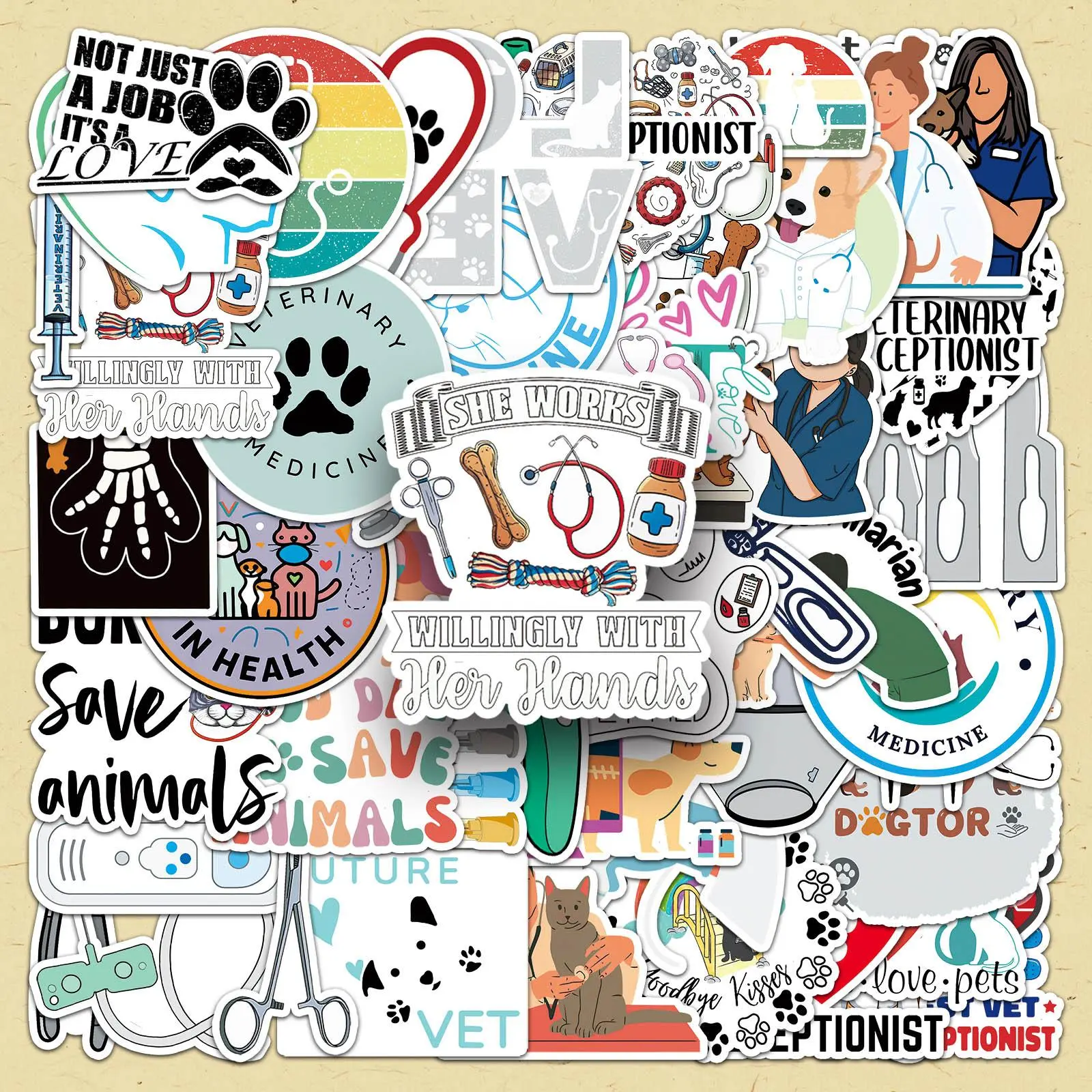 Veterinary Themed Sticker, 102pcs/set Repeatable Creative DIY Decorative Vinyl Decal Sticker, Self Adhesive Decor Paper for Gift Greeting Card Water Bottle Laptop Phone, Animal Scrapbook Decals, Adhesive Decals, Sticker Collage Pack