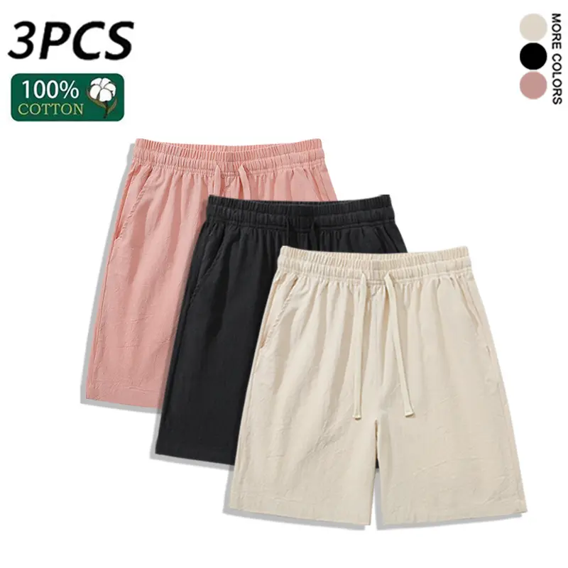 SPEEALER Men's 3PCS Cotton Drawstring Shorts - Stylish Plain Menswear, Breathable Light Summer Casual Pockets Shorts