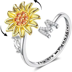 NBB34 Fidget Rings for Anxiety for Women Sunflower Initial Letter Spinner Open Adjustable Ring CZ Daisy Stress Relieving Rings Jewelry Gift for Women Valentine's Day You are My Sunshine Ring
