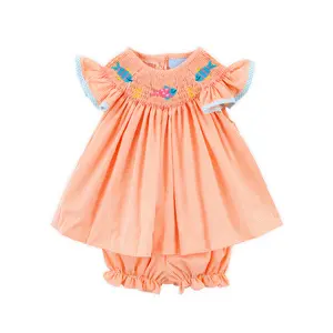 Fish Smocked Orange Micro Gingham Bow Bloomer Set