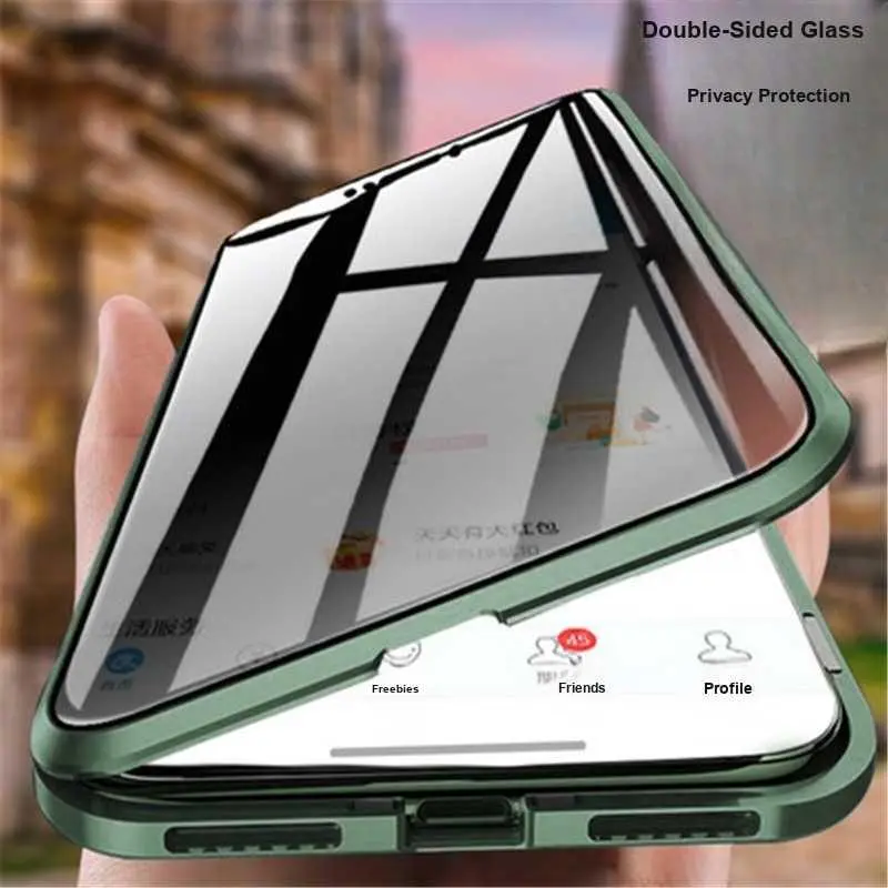 For iPhone 17 Pro Phone Case Privacy Magneto Metal Frame Double-Sided Glass For iPhone 16E Protective Cover For iPhone 15 HNU61