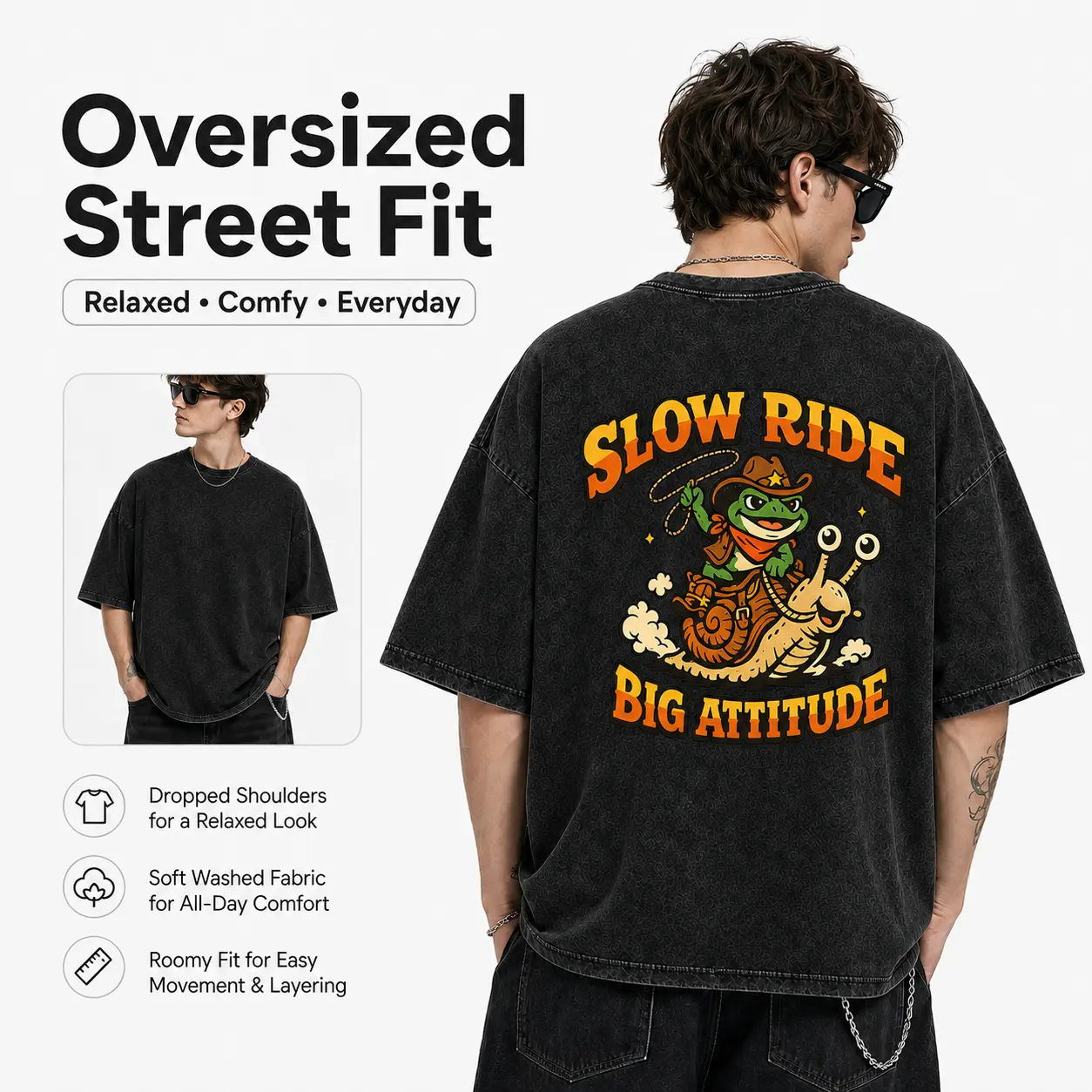 Men's Vintage Washed Oversized Graphic T-Shirt, Slow Ride Big Attitude Frog and Snail Back Print, Crew Neck Short Sleeve Streetwear Tee