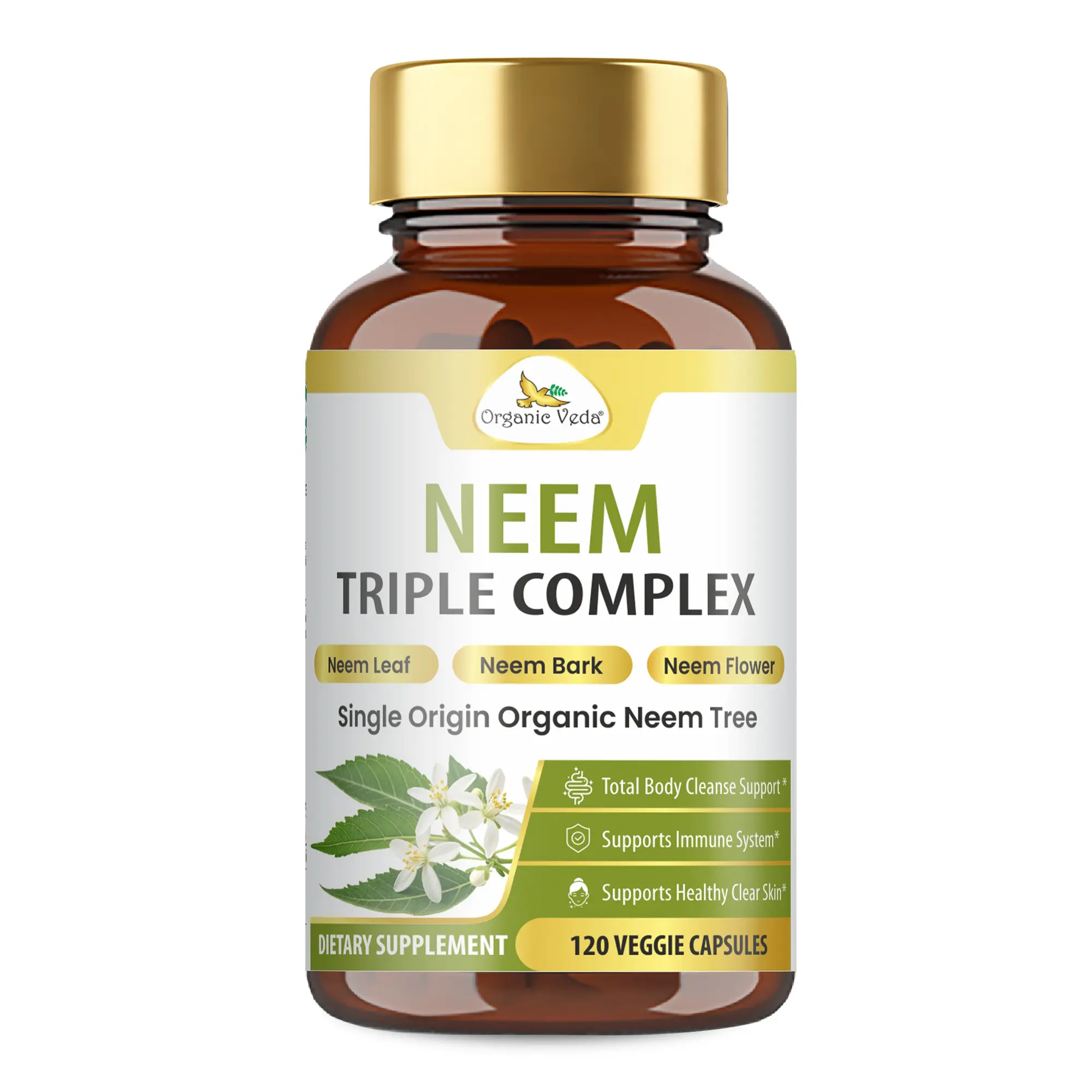 Organic Veda Neem Capsules Triple Complex Neem Leaf, Bark & Flower Extracts - Neem Powder Herbal Supplement for Acne, Cleanse & Clear Skin - Immune, Gut Health for Women & Men - 120 Vegan Capsules
