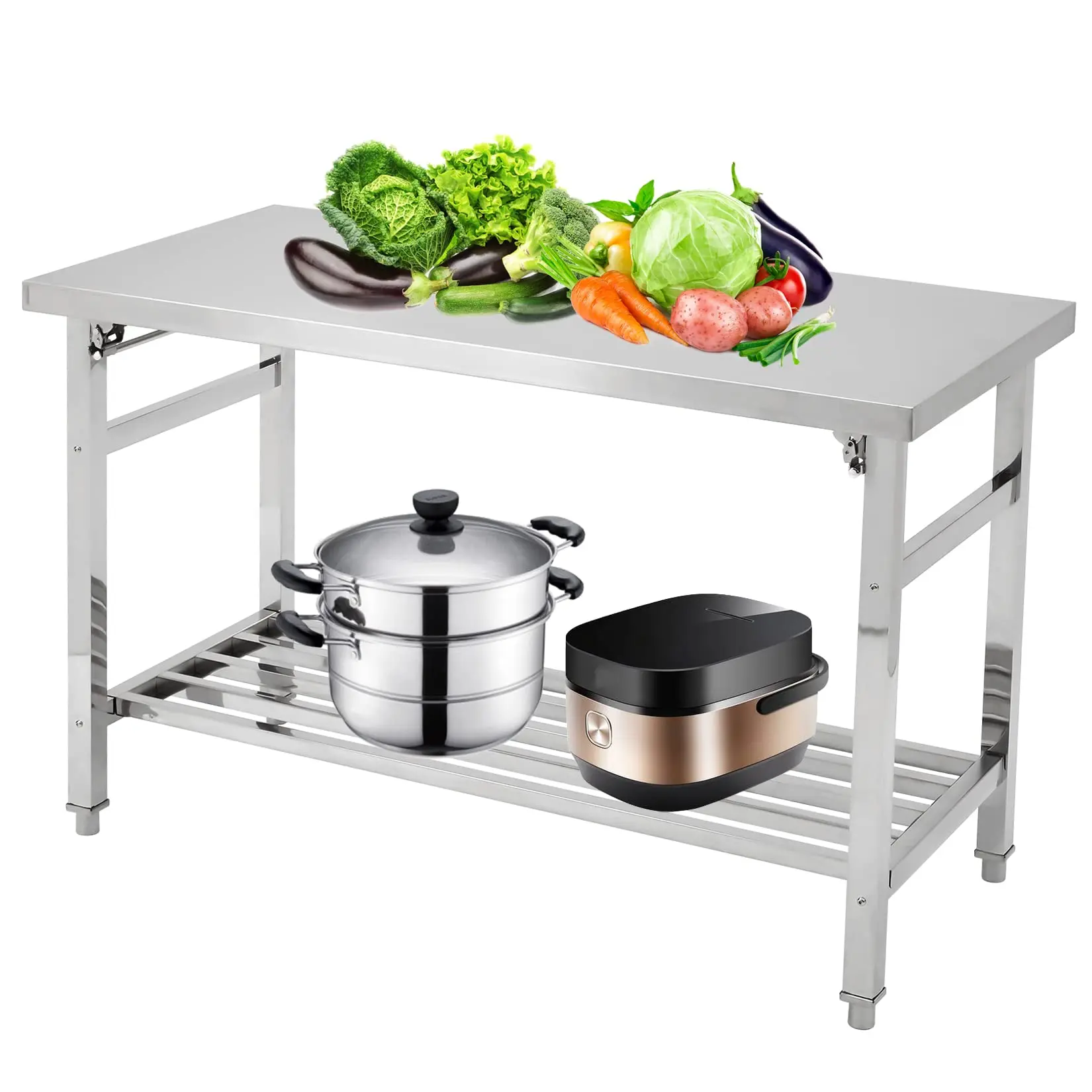GARVEE Stainless Steel Prep Table 48 x 24 Inch, NSF Commercial Heavy Duty Stainless Steel Work Folding Table with Undershelf, Stainless Steel Kitchen Island, Laundry Folding Table, Outdoor Cooking Table