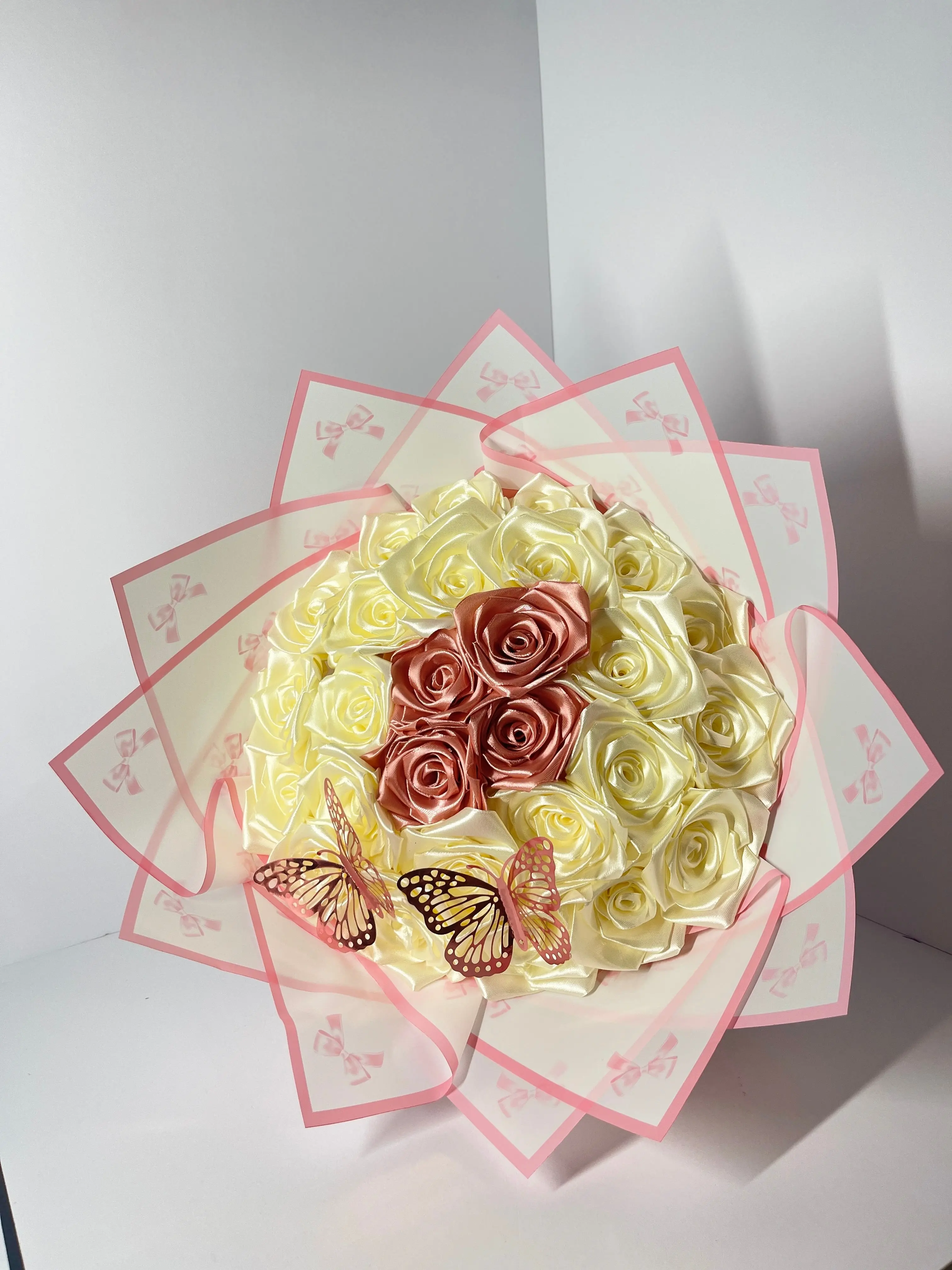 Eternal Flower Rose Satin Ribbon Bouquet - Cream & Rose Gold Artificial Flower Gift with Butterfly Decor (Home Decor Supplies)
