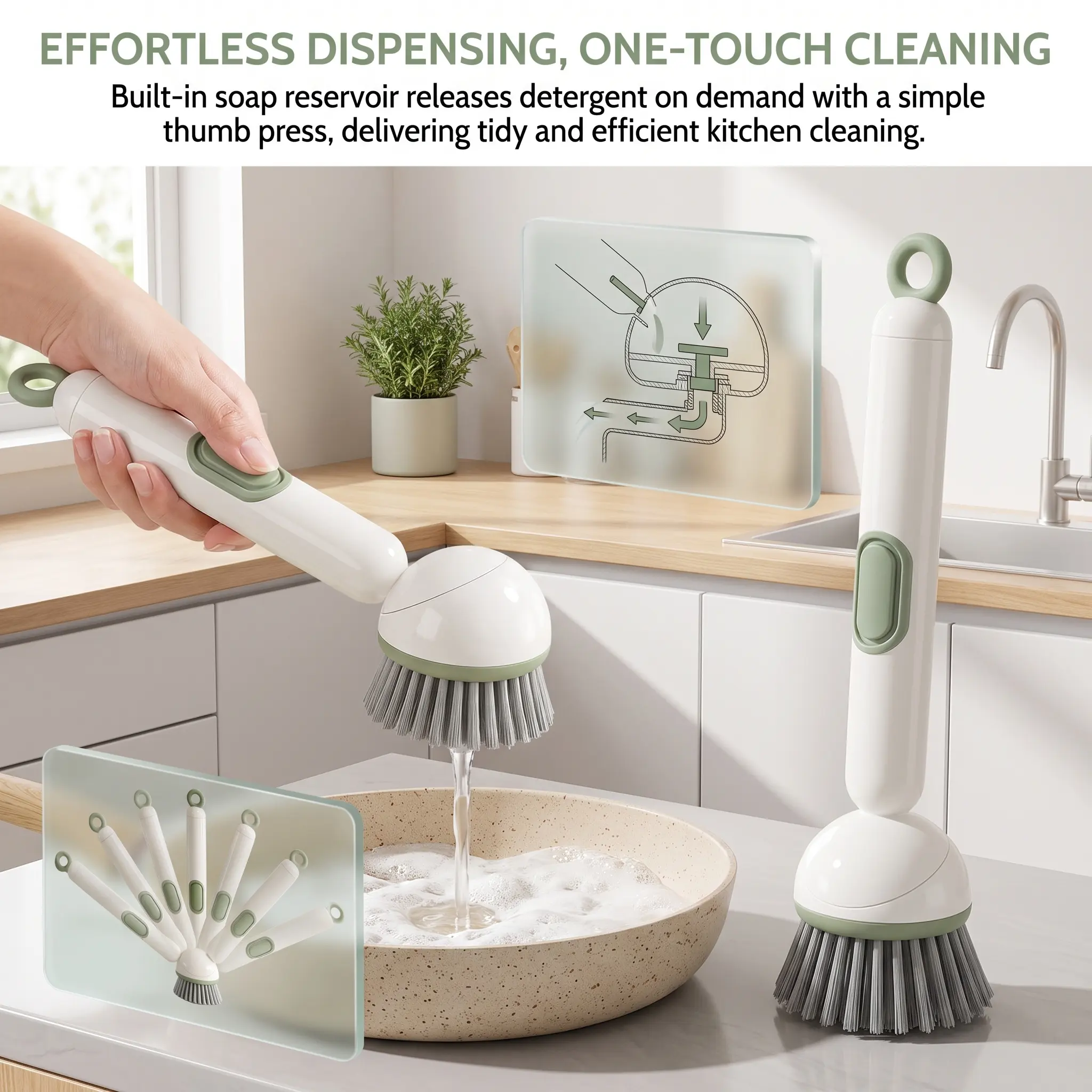 【2026 Newly Upgraded】Becvtoz Multifunctional Dish Brush with Detergent Dispenser, 360° Rotates Scrubber, Adjustable Angles, Non-Slip Grip Handle, Durable PET Bristles, Ergonomic Design for Pots & Pans, Dishwashing Kitchen Tool
