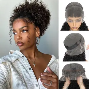 GK Lace Frontal Wigs 360 Drawstring Wig Human Hair 24 Inch Pre Plucked Hidden Strap 360 Lace Front Wigs Human hair Water Wave 180% Density Curly Wet and Wavy HD 360 Human Hair Wig Full Lace