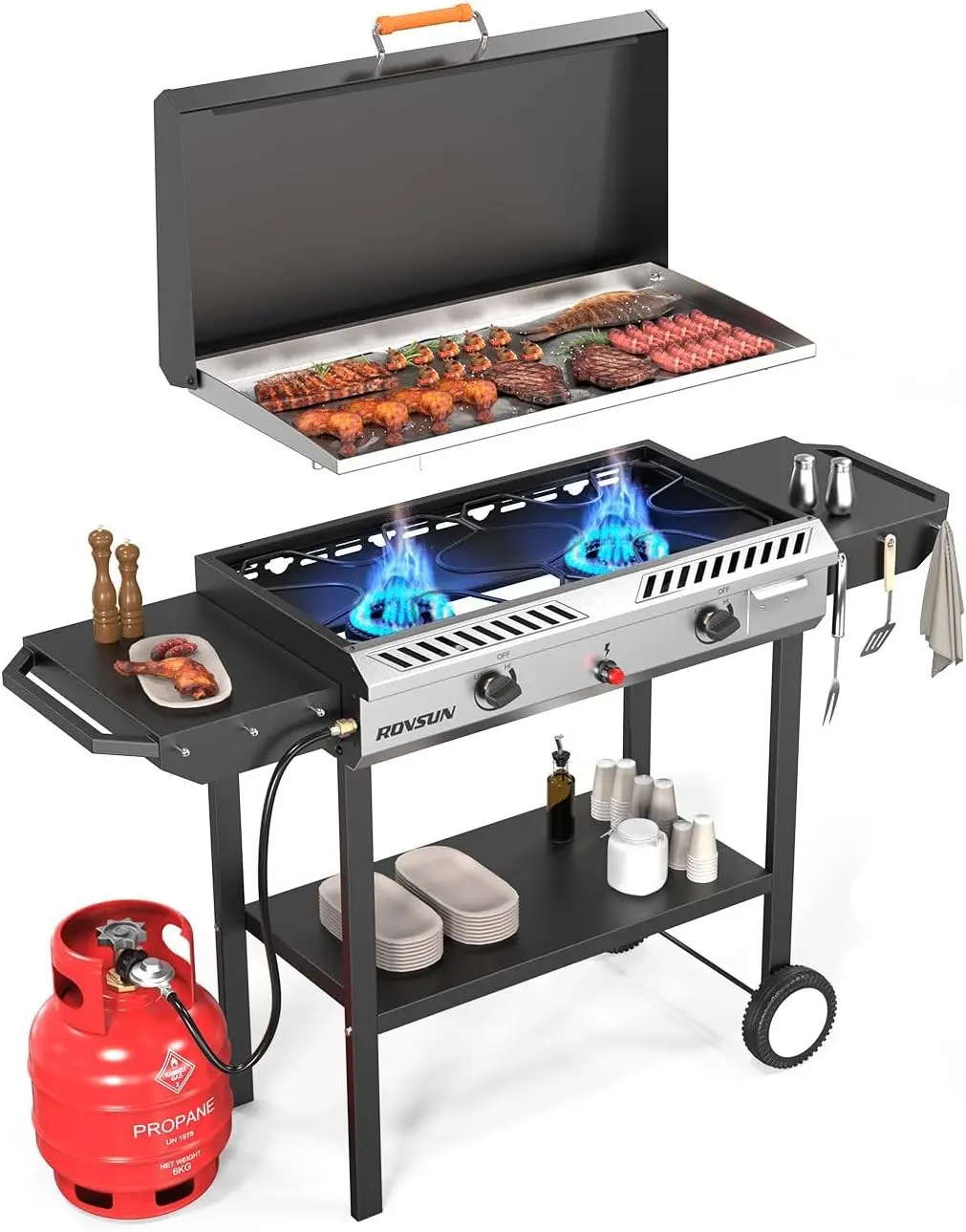 ROVSUN 2/3 Burner Outdoor Propane Gas Stove with Griddle, Auto-ignition, Regulator & Side Shelves, 150,000/225,000  BTU Powerful Stand Cooker for Backyard Cooking Home Brewing Canning Frying Grilling