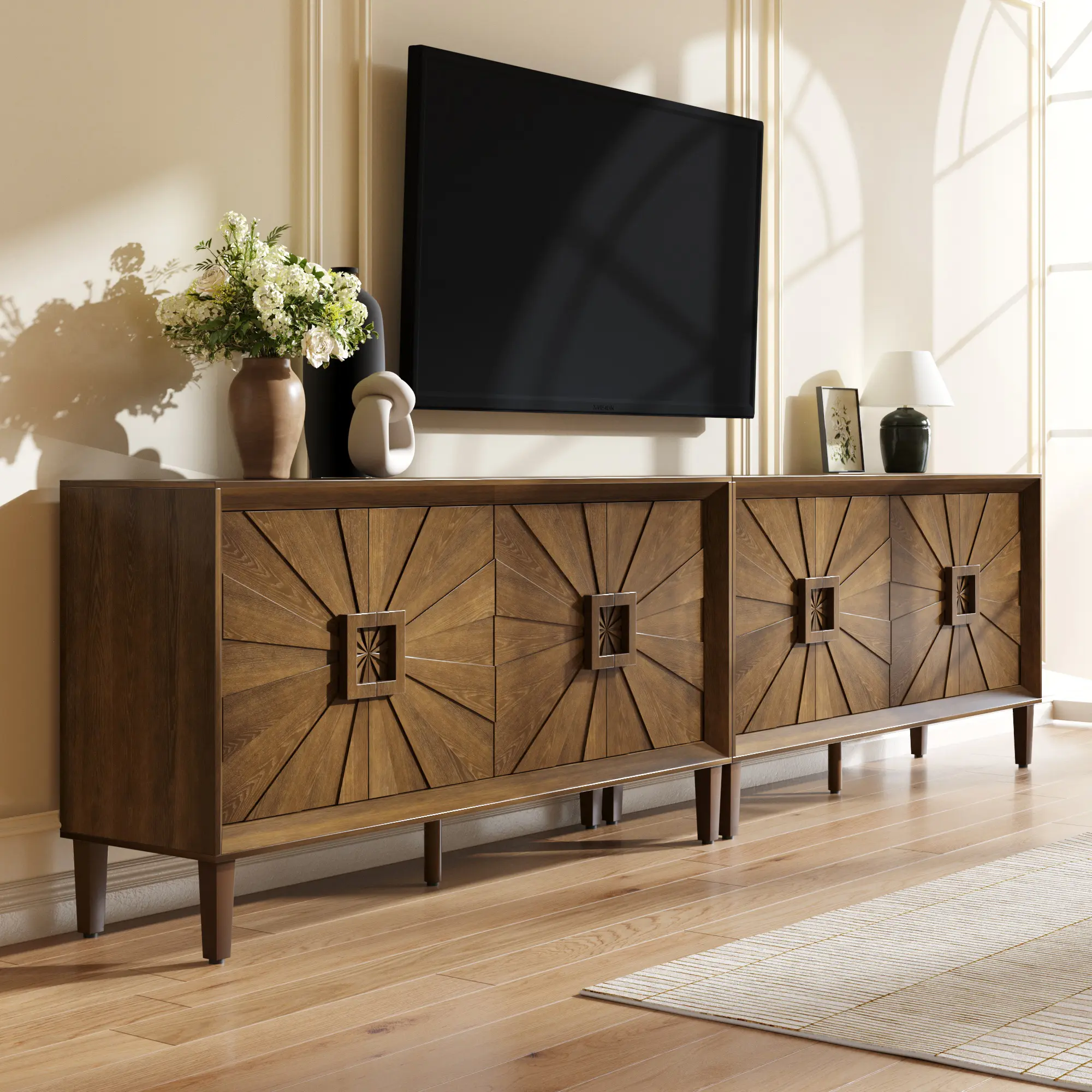 60-in Wood Sideboard Buffet Cabinet - 4 Regular Sunburst-Design Doors, Adjustable Shelf, Natural Wood Knots, Retro Look, Installation Instructions Included, Rustic Brown Indoor Credenza, TV Stand Media Console (Assembly Required), 60 Inches