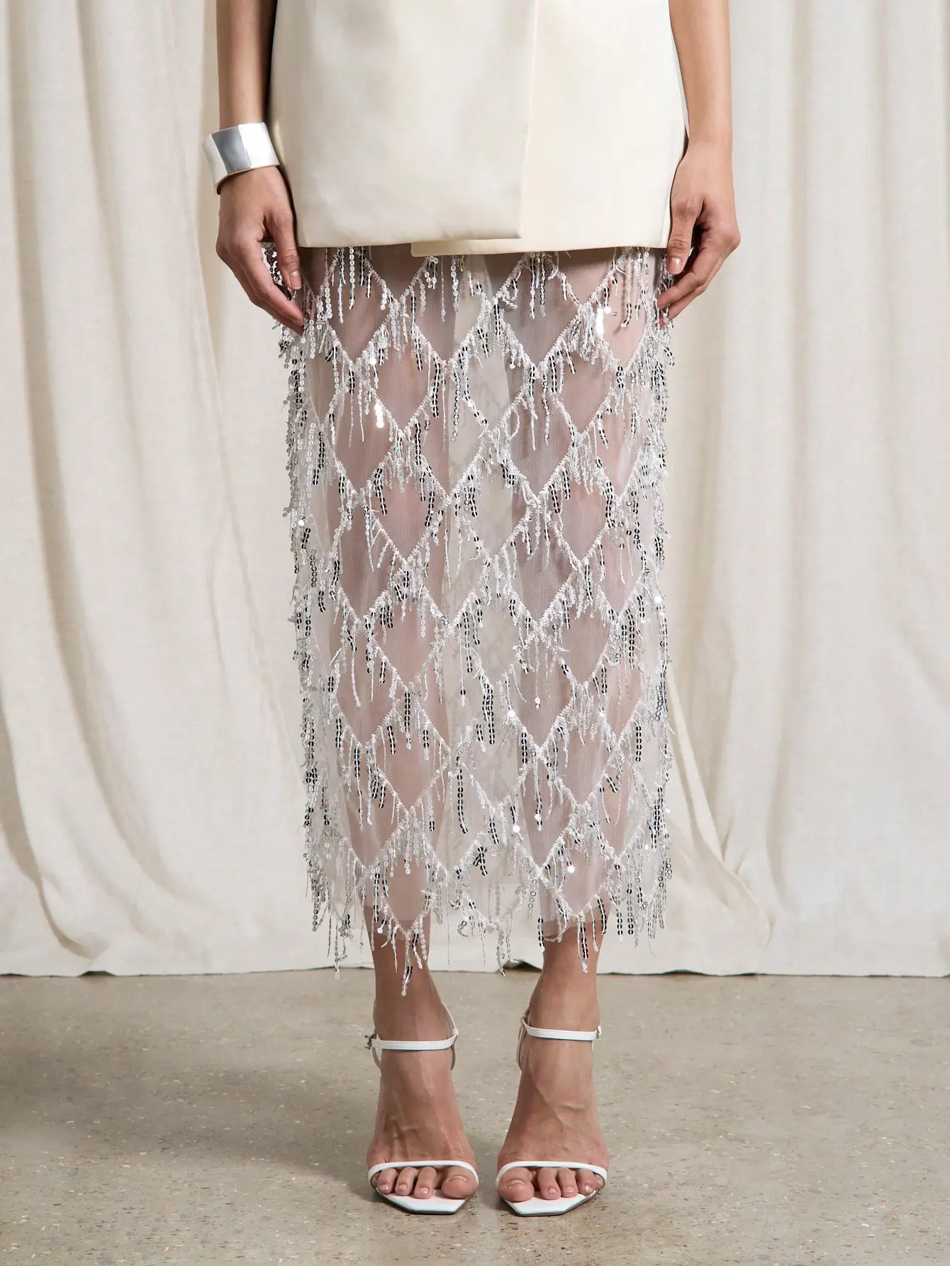 Sequin Fringe Mesh Midi Pencil Skirt – Glam Party Skirt Womenswear Sheer Statement Piece