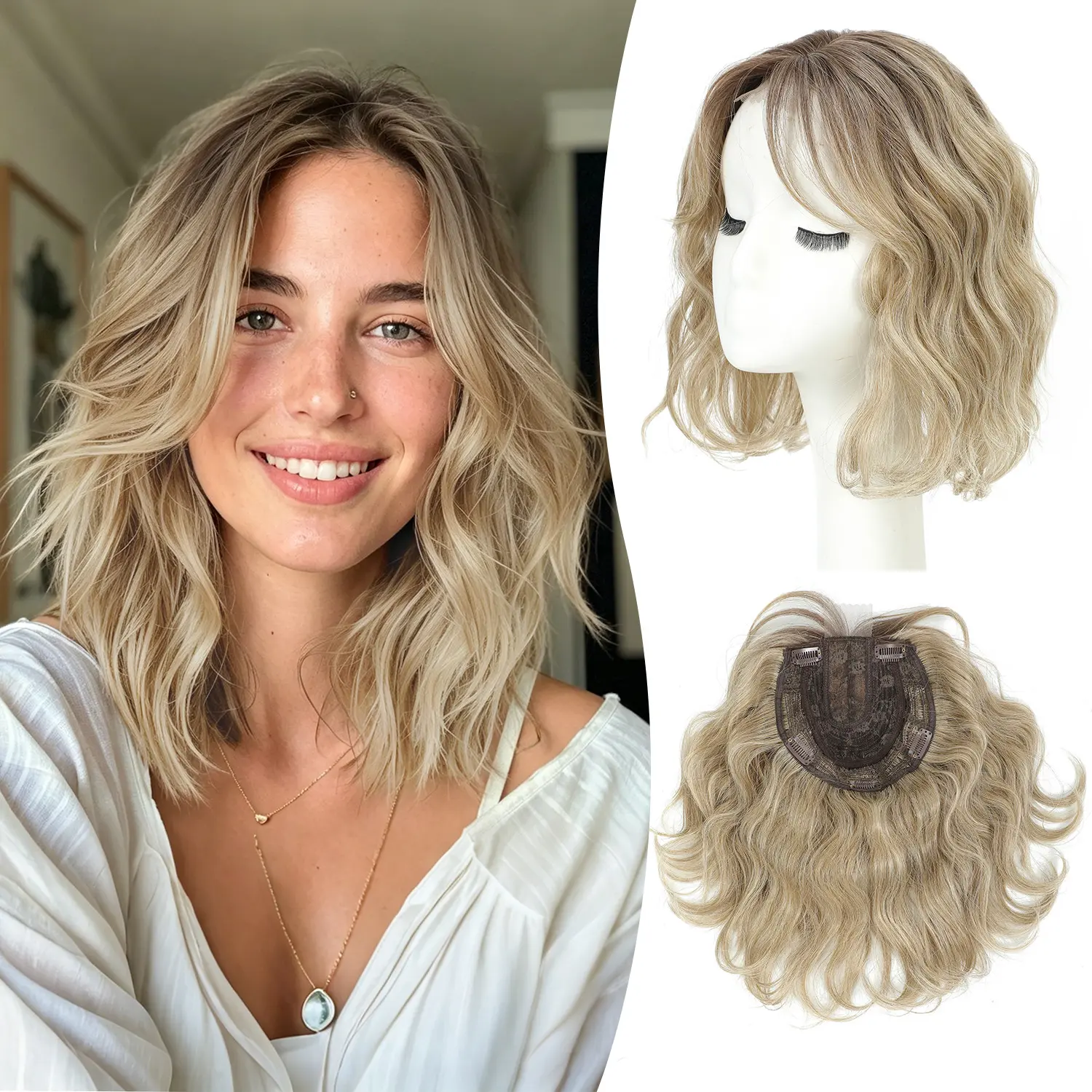 Ms Taj Female Synthetic Short Wavy Bob Hair Topper - 11in Volume Booster Wiglet, 6.5"x6.5" Base, Side Bangs, Snap Clips for Thinning Hair, Increase Volume, Maintain Beauty, Daily Use, Wedding (Female Wig with Half Wig Style)