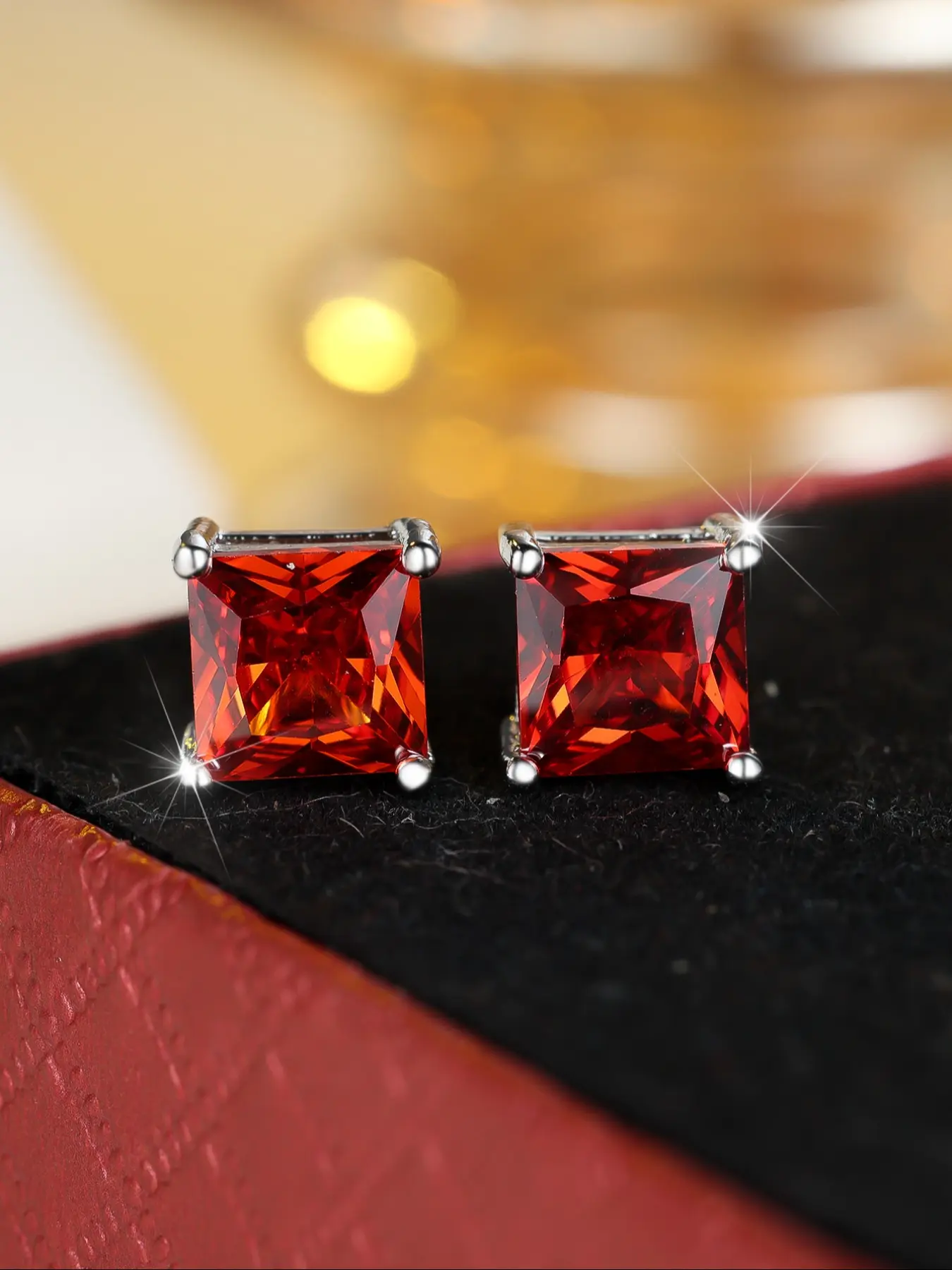 Simple and charming red square cubic zirconia silver four-prong ladies' stud earrings, Solitaire Earrings, Chic Gorgeous Jewelry, Fashionable and versatile jewellery designed especially for ladies Jewellery gifts