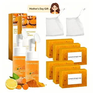 Turmeric Facial Cleanser & Soap Set – Deep Cleansing Face & Body Care Bundle (1 Wash + 3 Soaps)（2Wash+6Soaps）
