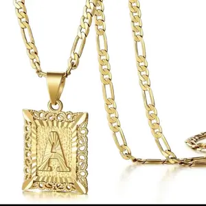 Gold Plated Initial Necklace with Diamond Cut Charm - 24 Inch Figaro Chain