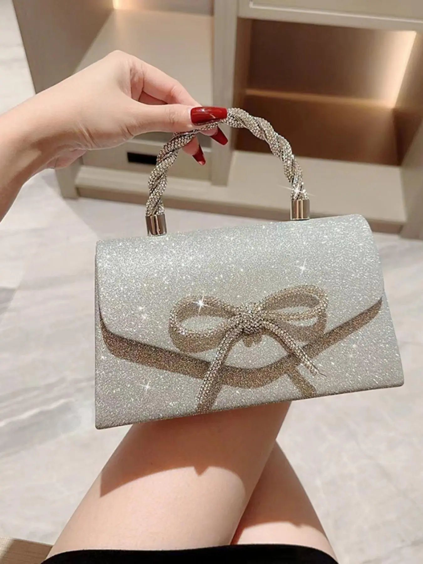 Women's Elegant Glitter Evening Bag, Exquisite Bow-Decorated Shoulder Clutch Purse, Elegant Stylish Purse, Fashionable Bag for Parties & Weddings, Glittery Clutch Bag