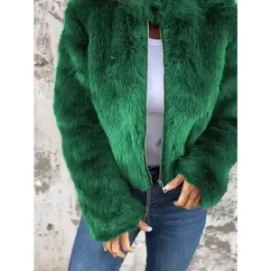 Women’s Green Faux Fur Cropped Jacket – Front Zipper, Plus Sizes 0XL–4XL, Cozy Stylish Outerwear for Autumn/Winter, Soft Fluffy Fabric, Loose Fit, Perfect for Casual Outings & Everyday Wear