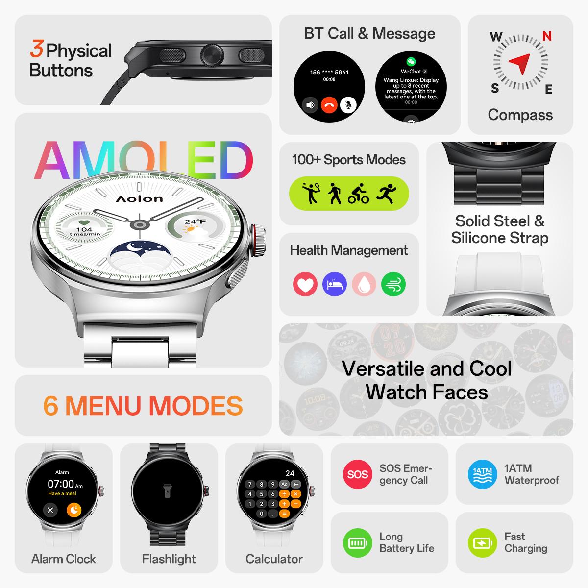 Aolon Prime3 Smart Watch Wearable – Featuring a 1.43" AMOLED Touchscreen, Stainless Steel Design, Bluetooth Calling, 100+ Sports Modes, Health Tracking, Waterproof Build, and iOS & Android Compatibility#fathers day gift#outdoor fun
