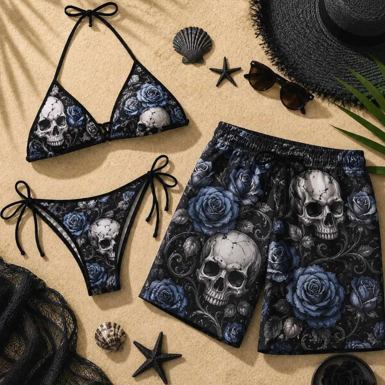 Matching Couple Swimwear, Gothic Skull Bikini Set, Blue Rose Beach Outfit, Dark Floral Swimsuit, Edgy Couples Gift, Summer Pool Set