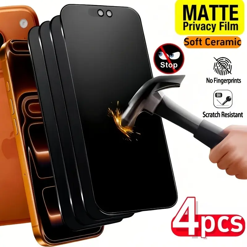 4-Pack Matte Privacy Ceramic Film, Soft Material for iPhone Models, Smartphone, Anti-Fingerprint, Scratch-Resistant, Easy to Apply Phone Screen Protector, Mobile Phone Accessory