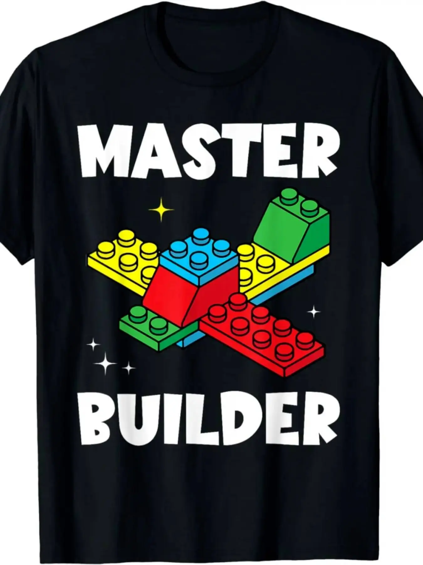 Master Builder Block Theme Short Sleeve Loose T-Shirt, Fun Casual Streetwear Style, Ideal for Lego Enthusiasts, Family, Daily Wear